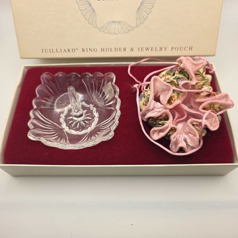 Oneida Crystal Juilliard Ring Holder and Jewelry Pouch Set Vintage Clear Glass - Picture 2 of 2